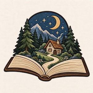 May include: An embroidered patch featuring an open book with a landscape emerging from the pages. The scene depicts a small cottage with a smoking chimney, a winding path, green pine trees, and snow-capped mountains under a dark blue night sky.
