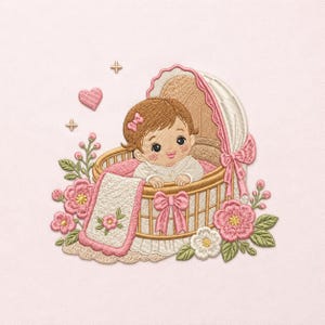 May include: An embroidery design featuring a baby with brown hair and a pink bow sitting in a tan wicker bassinet. The bassinet is decorated with pink bows, a floral blanket, and surrounding pink and white flowers with green leaves and a heart.