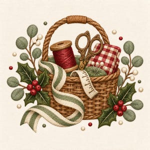 May include: A woven brown basket containing a wooden spool of red thread, ornate metal scissors, a red and white checkered fabric, and a green pincushion with pins. A measuring tape, striped ribbon, and holly branches with red berries surround it.