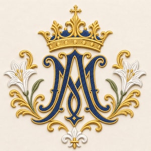 Royal Crown Monogram M borduurontwerp, blauw goud Fleur De Lis letter M, elegante katholieke Marian Crest machineborduurwerk