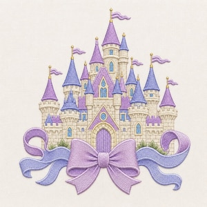 May include: An embroidery design of a fairy tale castle featuring cream-colored stone walls, multiple purple conical roofs, and small blue windows. The structure is adorned with several flags and a large, prominent light purple ribbon bow at the base.