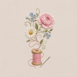 May include: An embroidery design featuring a wooden spool wrapped in pink thread, with a silver needle resting beside it. A bouquet of stitched flowers, including a large pink peony, a white daisy, and small blue blossoms, grows from the spool.