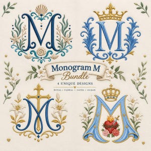 Puede incluir: Un conjunto de diseños de bordado digital con cuatro variaciones de la letra M. Los diseños incluyen motivos marinos con conchas, una corona real, una cruz y un corazón sagrado. El texto dice Monogram M Bundle 4 UNIQUE DESIGNS ROYAL FLORAL FAITH OCEAN.