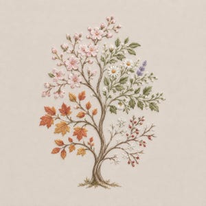 May include: An embroidery design of a tree featuring four distinct seasonal sections. The upper left shows pink cherry blossoms, the lower left displays orange and yellow maple leaves, the upper right has white daisies, and the lower right shows red berries and white snowflakes.