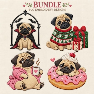 以下が含まれることがあります： BUNDLE PUG EMBROIDERY DESIGNSというタイトルの刺繍デザインセット。アーチの下で吸血鬼のマントを着たパグ、クリスマスセーターを着てプレゼントを持つパグ、ピンクのバスローブを着てマグカップを持つパグ、ドーナツの中に入ったパグの4つのイラストが描かれています。