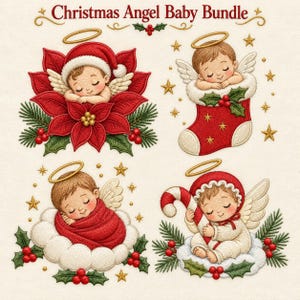 Op de afbeelding: Een digitale illustratie getiteld Christmas Angel Baby Bundle met vier slapende baby-engeltjes met halo's en vleugels. Ze rusten in een rode kerstster, een kerstsok, op een witte wolk en één houdt een zuurstok vast op een wolk.