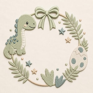 May include: An embroidery design featuring a sage green dinosaur, a bow, palm leaves, stars, and a cracked egg arranged in a circular wreath shape. The design uses shades of green, cream, and soft tan thread on a light cream fabric background.