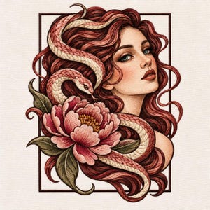 Op de afbeelding: Een gedetailleerde illustratie met een persoon met lang golvend kastanjebruin haar, een grote roze pioenroos met groene bladeren en een slanke lichtgekleurde slang die door het haar en de bloemblaadjes kronkelt, binnen een kader.