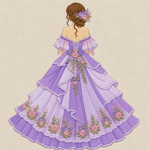 May include: An embroidery design featuring a figure seen from the back with brown hair styled in an updo adorned with purple and pink flowers. The figure wears a layered, off-the-shoulder purple gown with floral embroidery and a corset back.