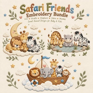 Broderipaket för safaridjur, barnrum, djungelmaskindesign, digital nedladdning