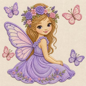 May include: An embroidery design featuring a fairy with long wavy brown hair, a floral crown of purple and pink roses, and large lavender wings. The fairy wears a lavender dress with floral embroidery at the hem, surrounded by four butterflies.