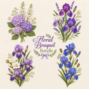 May include: A collection of four embroidered floral arrangements featuring purple hydrangeas, white blossoms, and various blue and purple irises with green leaves. The text Floral Bouquet Bundle is centred in purple script with a small bow.