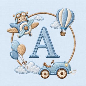 May include: An embroidery design on light blue fabric featuring a large capital letter A centered within a tan circular frame. The design includes a bear in an airplane, a hot air balloon, three balloons, and a vintage car, all in blue and tan.