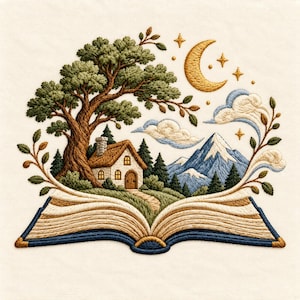 May include: An intricate embroidery design featuring an open book with a landscape emerging from its pages. The scene includes a small cottage, a large green tree, pine trees, and snow-capped mountains under a golden crescent moon and stars.