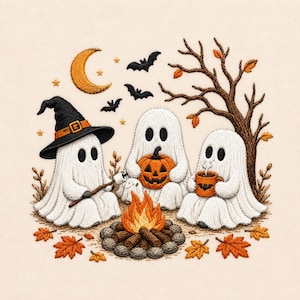 May include: An embroidery design featuring three white ghosts sitting around a campfire. One ghost wears a black witch hat, one holds a pumpkin, and one holds a mug. The scene includes a crescent moon, bats, stars, and autumn leaves.