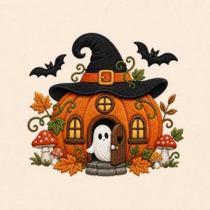 Puede incluir: Un diseño de bordado que muestra una gran casa de calabaza naranja con un sombrero de bruja negro encima. Un pequeño fantasma blanco está de pie en la puerta abierta. La escena incluye setas rojas con puntos blancos, hojas de otoño y dos murciélagos.