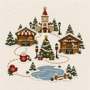 May include: An embroidery design featuring a winter village scene with a clock tower, a bakery stall, a toy stall, a central Christmas tree, a red mug of hot cocoa, a red mitten, and a frozen pond, all connected by a dotted path on cream fabric.