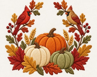May include: An embroidery design featuring a bright red cardinal and a tan cardinal perched on branches, surrounding three pumpkins in orange, white, and green. The arrangement is accented with autumn leaves in red, orange, and yellow, wheat stalks, and small red berries.