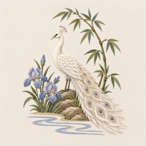May include: An intricate embroidery design featuring a white peacock perched on textured brown rocks. The peacock has a long, detailed tail with blue and gold eye patterns. Beside the bird are blue iris flowers and green bamboo stalks.