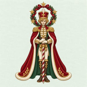 Puede incluir: Una figura de cascanueces con uniforme militar rojo y verde, charreteras doradas, un sombrero alto rojo y una capa larga roja. La figura sostiene una espada con rayas rojas y blancas bajo una corona verde decorada con cinco estrellas doradas.