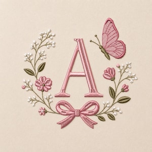 May include: An embroidery design featuring a central capital letter A in pink, surrounded by a floral wreath of pink flowers, green leaves, and small white buds. A pink butterfly is positioned at the top right, and a pink bow sits at the bottom.