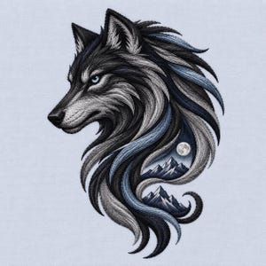 May include: An embroidered patch featuring a wolf head in profile, rendered in shades of black, gray, and blue thread. The wolf's fur transitions into a landscape scene depicting snow-capped mountains and a full moon against a dark night sky.