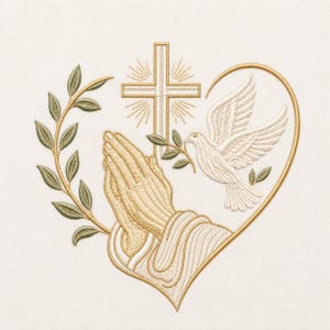 Puede incluir: Un diseño de bordado que presenta un par de manos en oración con hilo dorado, una paloma blanca que sostiene una rama de olivo y una cruz central. Estos elementos están enmarcados por un contorno de corazón dorado y una rama verde.