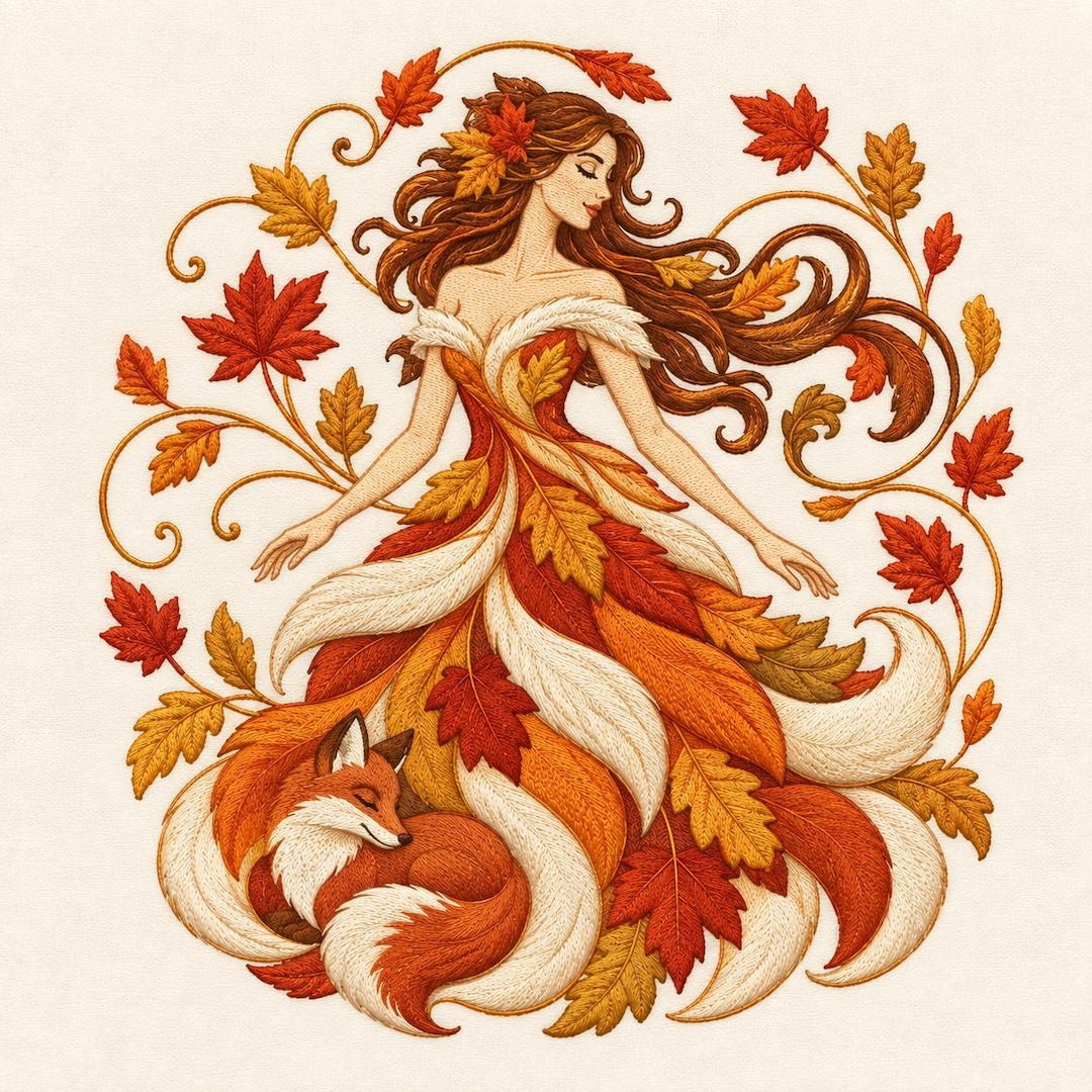 Autumn Fox Maiden Woodland Leaves Forest Machine Embroidery Design ...