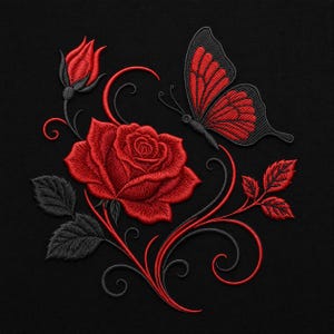 May include: An embroidery design on a black background featuring a large, detailed red rose in full bloom, a closed rosebud, and a butterfly with red and black wings. The composition includes decorative red and black swirling vine accents.