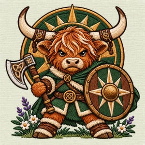 May include: An embroidered patch featuring a brown Highland cow warrior with horns, wearing a green tunic and fur-trimmed boots. The cow holds a silver axe with a gold knot design and a round green shield with a gold star. Small flowers grow below.
