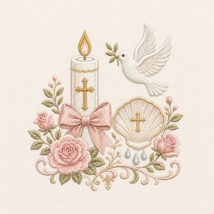 May include: An embroidery design featuring a white candle with a gold cross and a pink bow, a white dove holding an olive branch, a scallop shell with a gold cross, three blue water droplets, and pink roses with green leaves and gold scrolls.