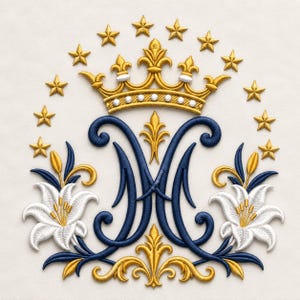 Diseño de bordado con monograma M de la Virgen María coronada, letra M de la Virgen María con lirio blanco, bordado religioso católico a máquina (descarga digital).