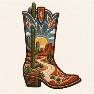 Puede incluir: Un parche bordado con forma de bota vaquera que muestra un paisaje desértico. El diseño incluye un sol amarillo brillante, cielo azul con nubes blancas, cactus verdes altos, formaciones rocosas rojas y un camino sinuoso sobre arena.