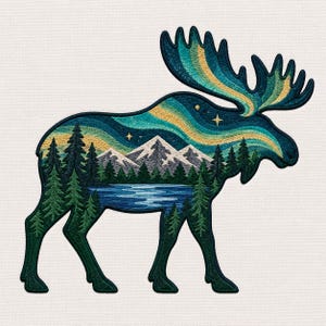 Moose Northern Lights Embroidery Mountain Forest Lake Machine File Instant Download Design