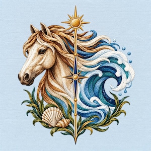 May include: An embroidered design featuring a tan horse head with a flowing mane, positioned next to a large blue ocean wave. A vertical gold compass needle sits in the centre, flanked by green seaweed and two seashells at the bottom.