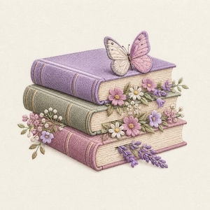 May include: An embroidery design featuring a stack of three books in shades of purple, sage green, and mauve. A large butterfly with pink and white wings rests on the top book. Clusters of embroidered flowers and lavender sprigs decorate the stack.
