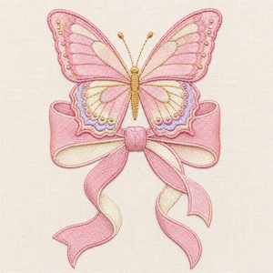 May include: An embroidery design featuring a butterfly with pink, cream, and lavender wings positioned above a decorative pink and cream ribbon bow. The butterfly has a textured gold body and thin antennae, all rendered in detailed thread work.