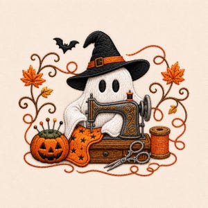 May include: An embroidered design featuring a white ghost wearing a black witch hat with an orange band, operating a vintage sewing machine. Includes a jack-o'-lantern pincushion, orange fabric with black stars, scissors, a spool of thread, and autumn leaves.