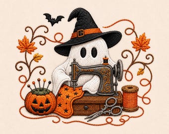 May include: An embroidered design featuring a white ghost wearing a black witch hat with an orange band, operating a vintage sewing machine. Includes a jack-o'-lantern pincushion, orange fabric with black stars, scissors, a spool of thread, and autumn leaves.