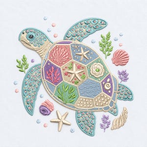 May include: An embroidered sea turtle design featuring a shell composed of hexagonal segments filled with various marine motifs including starfish, seashells, and seaweed in pastel shades of pink, blue, green, and gold on a white background.