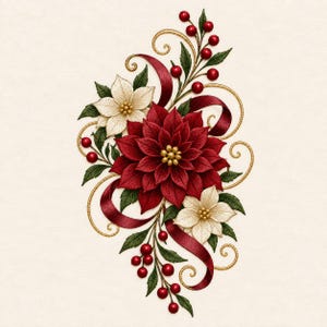 Op de afbeelding: Een geborduurd ontwerp met een grote centrale rode kerstster, twee kleinere crèmekleurige kerststerren, donkergroene bladeren en trossen rode bessen. Het geheel is geaccentueerd met vloeiende rode linten en gouden metalen krullen.