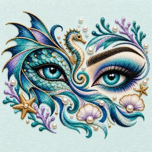 Ocean Siren Seahorse Mermaid Eye Coastal Fantasy Machine Embroidery Design Digital Download