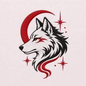 May include: An embroidery design featuring a white wolf head in profile with black fur accents and red markings around the eye. A red crescent moon curves behind the wolf, accompanied by four-pointed red stars and small red dots on a white background.