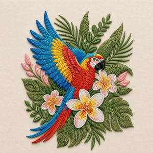 Tropical Macaw Embroidery Design, Colorful Parrot with Plumeria Flowers, Exotic Jungle Bird, Tropical Decor (Digital Download)