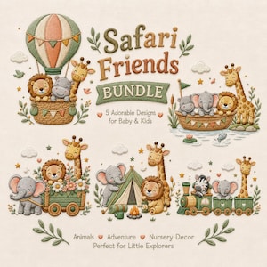 Pode incluir: Um conjunto de ilustrações digitais intitulado Safari Friends BUNDLE apresentando cinco designs em estilo de bordado com animais de desenho animado como leões, girafas, elefantes, hipopótamos e uma zebra em cenas com balão, barco, trem e tenda.