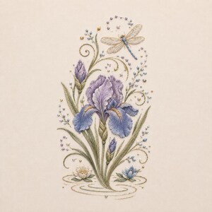 May include: An intricate embroidery design featuring a central purple and blue iris flower with green leaves, accompanied by a blue dragonfly, small floral buds, and delicate swirling stems, all set against a solid light beige fabric background.