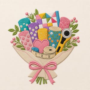 May include: An embroidered bouquet featuring fabric rolls with floral and geometric patterns, a pink heart, a yellow rotary cutter, and a measuring tape showing 3 inches. The arrangement is wrapped in beige fabric tied with a pink bow and green leaves.