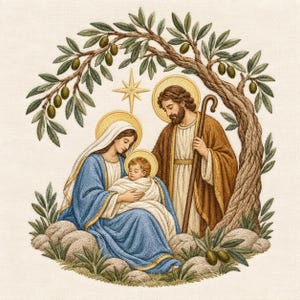 May include: An embroidered depiction of the Nativity scene featuring a figure in a blue robe holding an infant in white swaddling clothes, accompanied by a figure in a brown robe holding a wooden staff, all beneath an olive tree with a gold star.
