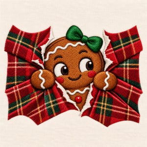 May include: An embroidered patch featuring a brown gingerbread character with a green bow, peeking through a torn red and green plaid fabric pattern. The gingerbread figure has white icing details, large eyes, and red cheeks on a light background.