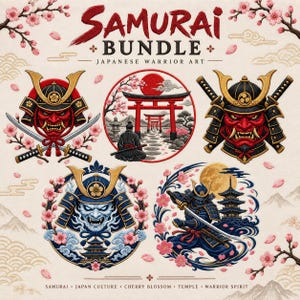 Puede incluir: Una colección de arte digital titulada SAMURAI BUNDLE JAPANESE WARRIOR ART que presenta cinco ilustraciones distintas de máscaras, cascos y guerreros samuráis. Los diseños incorporan colores rojo, azul y dorado con flores de cerezo y puertas torii.